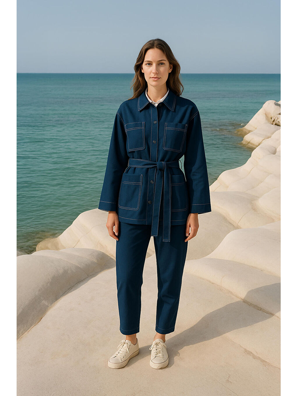 Lacivert %100 Pamuklu Kontrast Dikişli Ceket Pantolon Takım-6