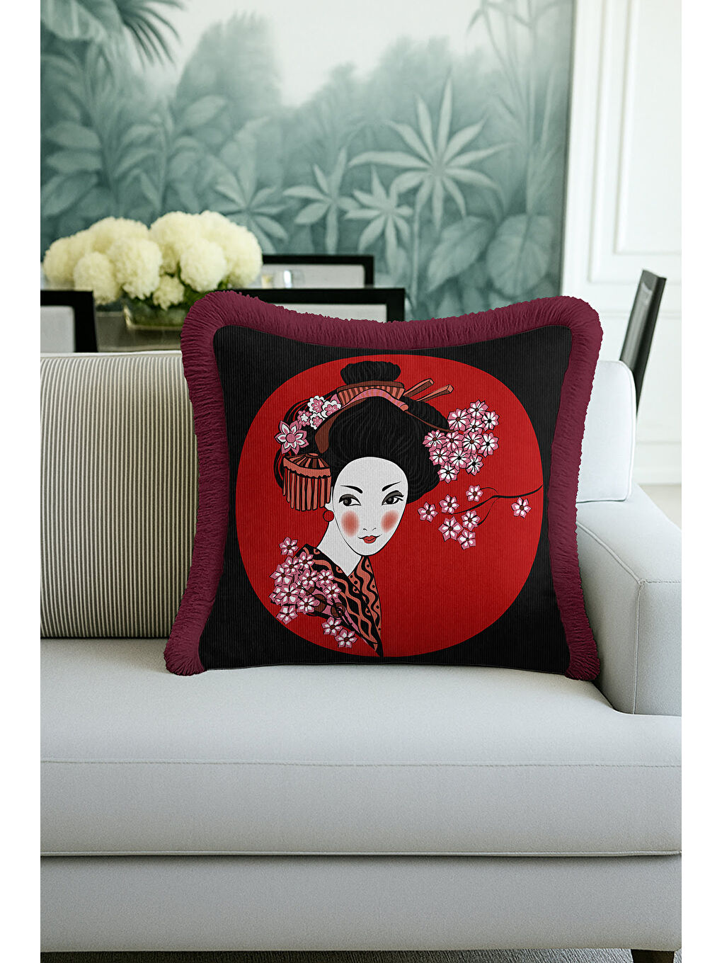 Karışık Japon Esintili Saçaklı Yastık Kılıfı - Kiraz Çiçeği Asya Bohem Bordo Püsküllü Kırlent Kılıfı-1