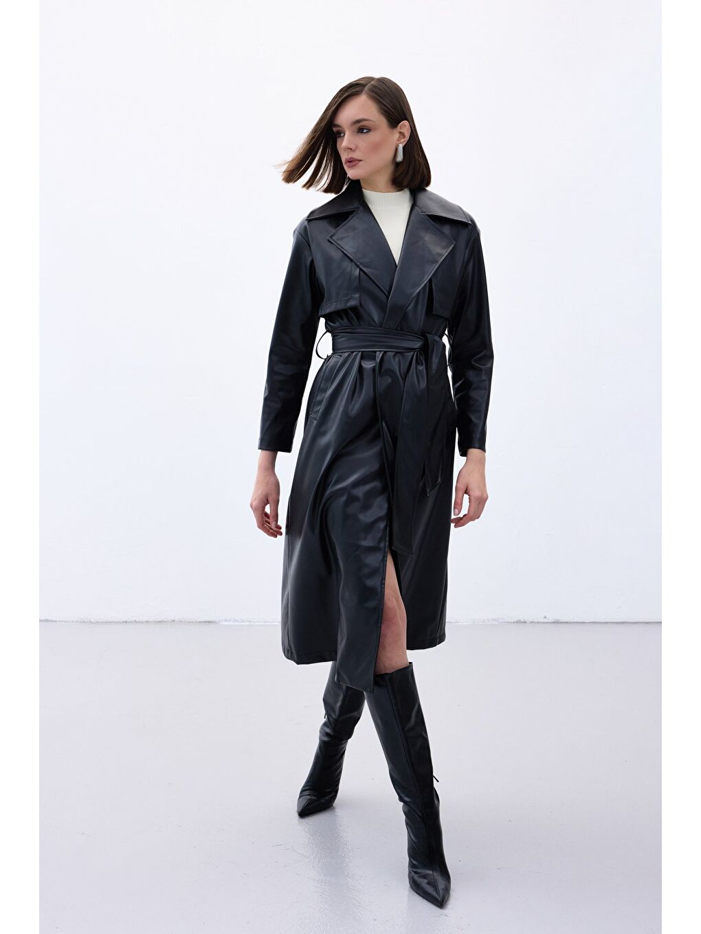 Kuşaklı Uzun Deri Trenç - Siyah-6