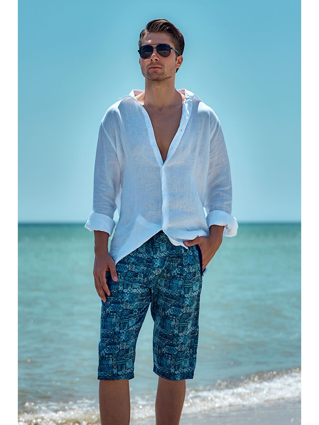 Lacivert Erkek Havuz Deniz Uzun Kapri Şort Mayo RK007 Mavi Çini