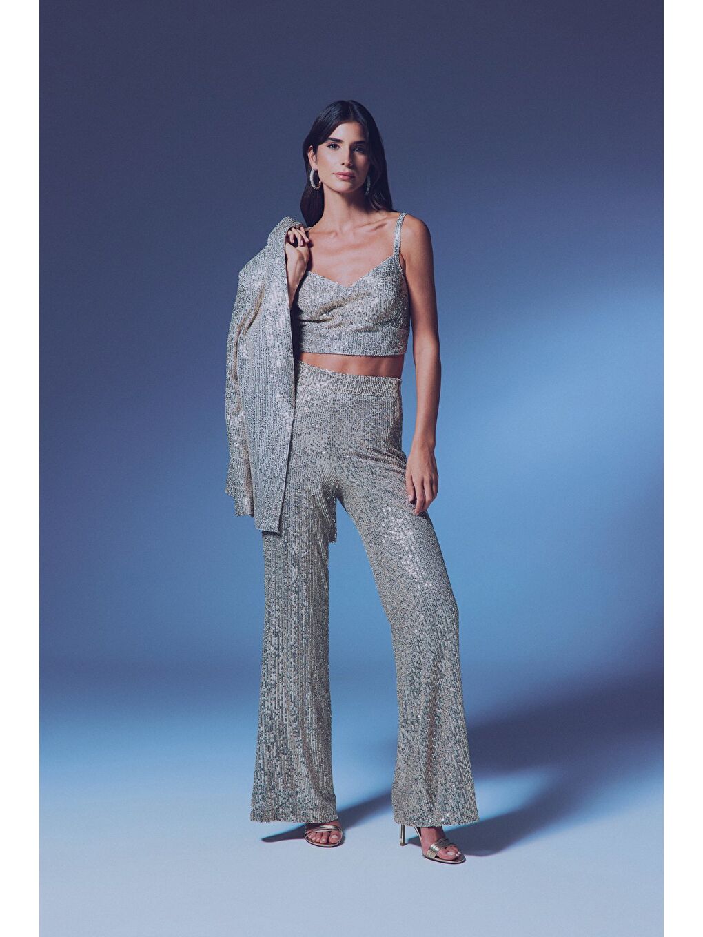 Payetli Salaş Pantolon - Bej-4