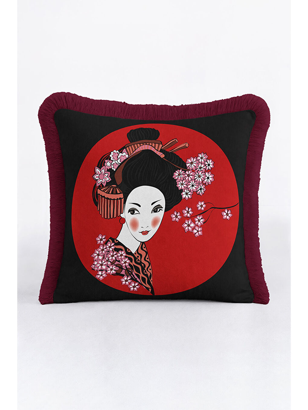 Karışık Japon Esintili Saçaklı Yastık Kılıfı - Kiraz Çiçeği Asya Bohem Bordo Püsküllü Kırlent Kılıfı-2