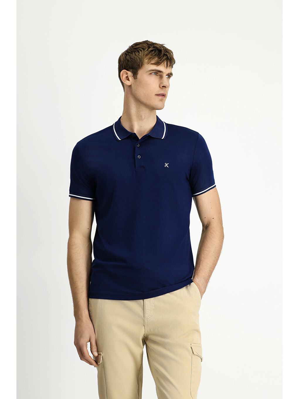 Lacivert Polo Yaka Slim Fit Dar Kesim Nakışlı Süprem Pamuklu Büyük Beden Tişört-4