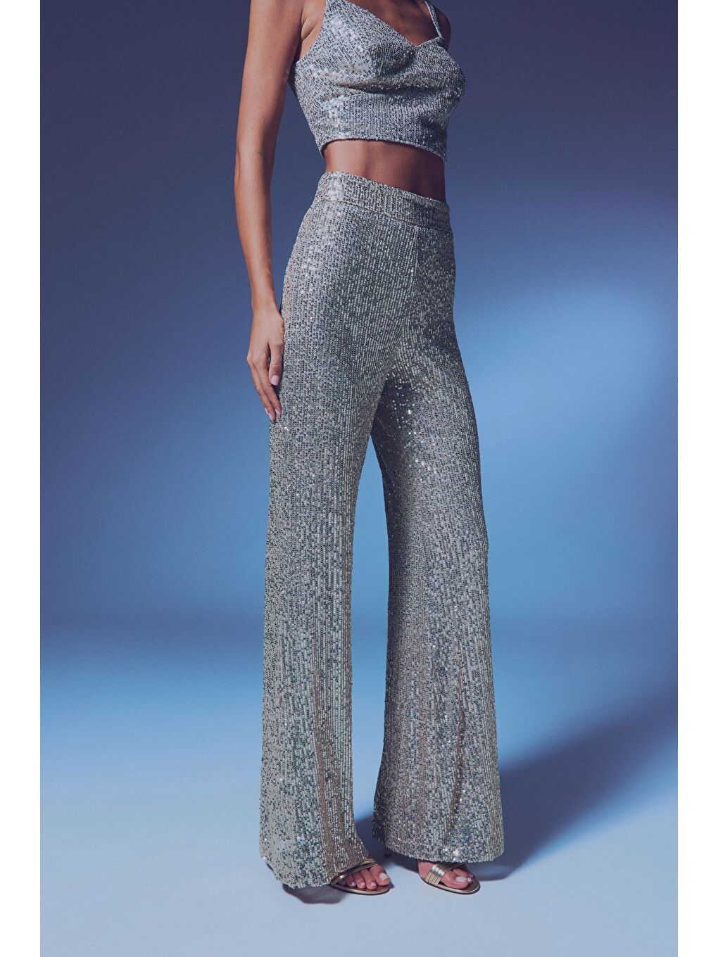 Payetli Salaş Pantolon - Bej-6