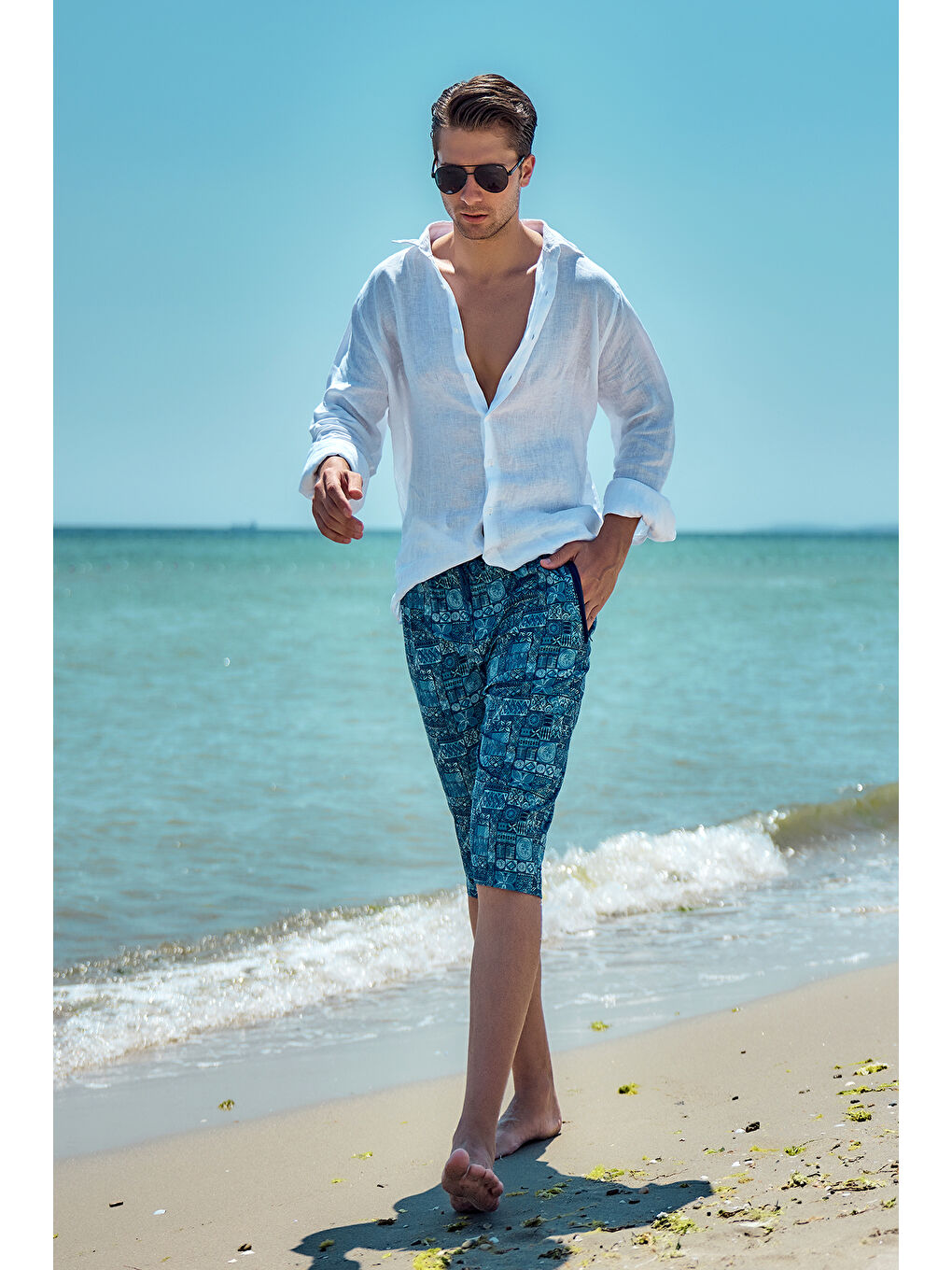 Lacivert Erkek Havuz Deniz Uzun Kapri Şort Mayo RK007 Mavi Çini-1