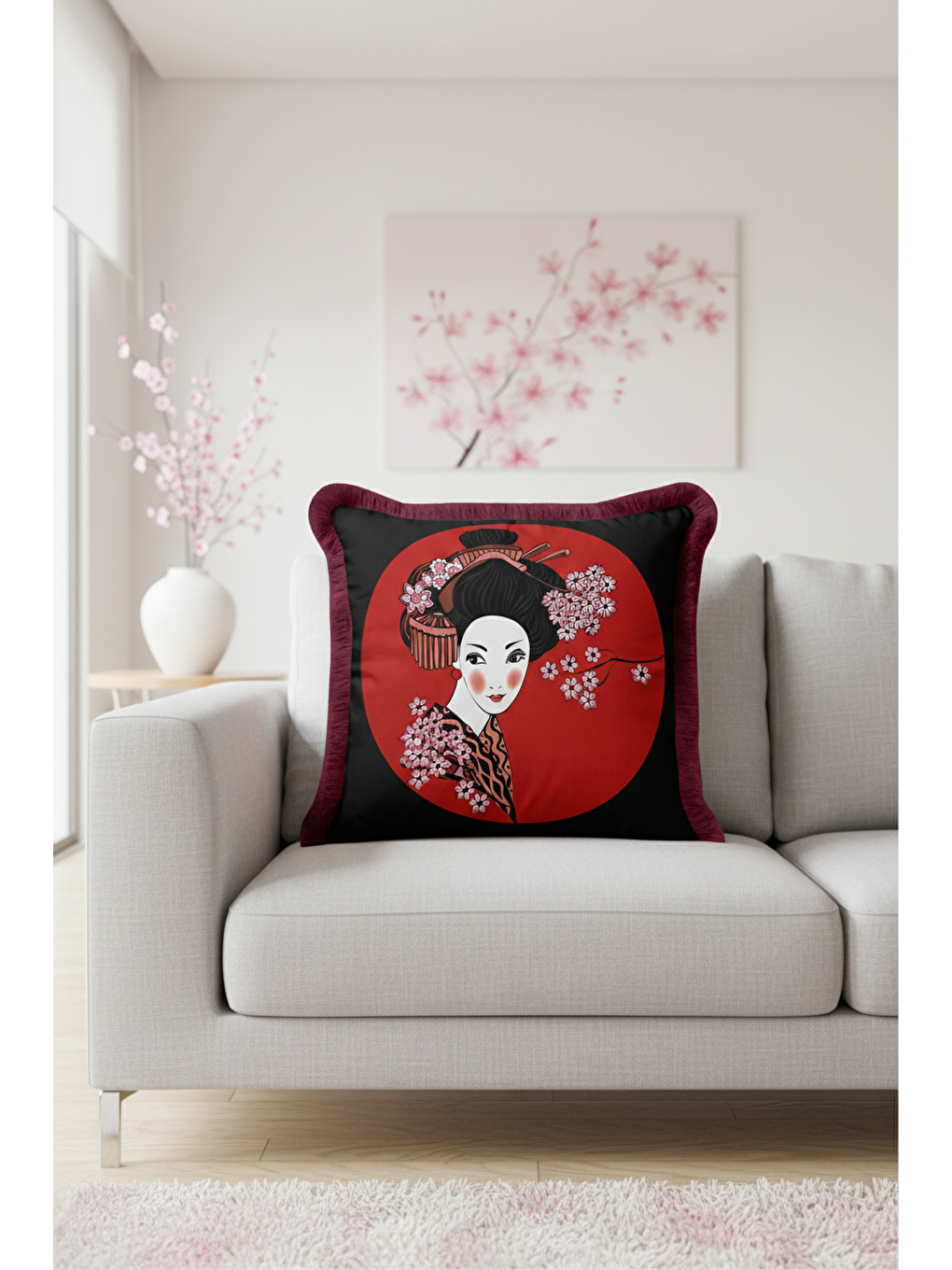 Karışık Japon Esintili Saçaklı Yastık Kılıfı - Kiraz Çiçeği Asya Bohem Bordo Püsküllü Kırlent Kılıfı-3
