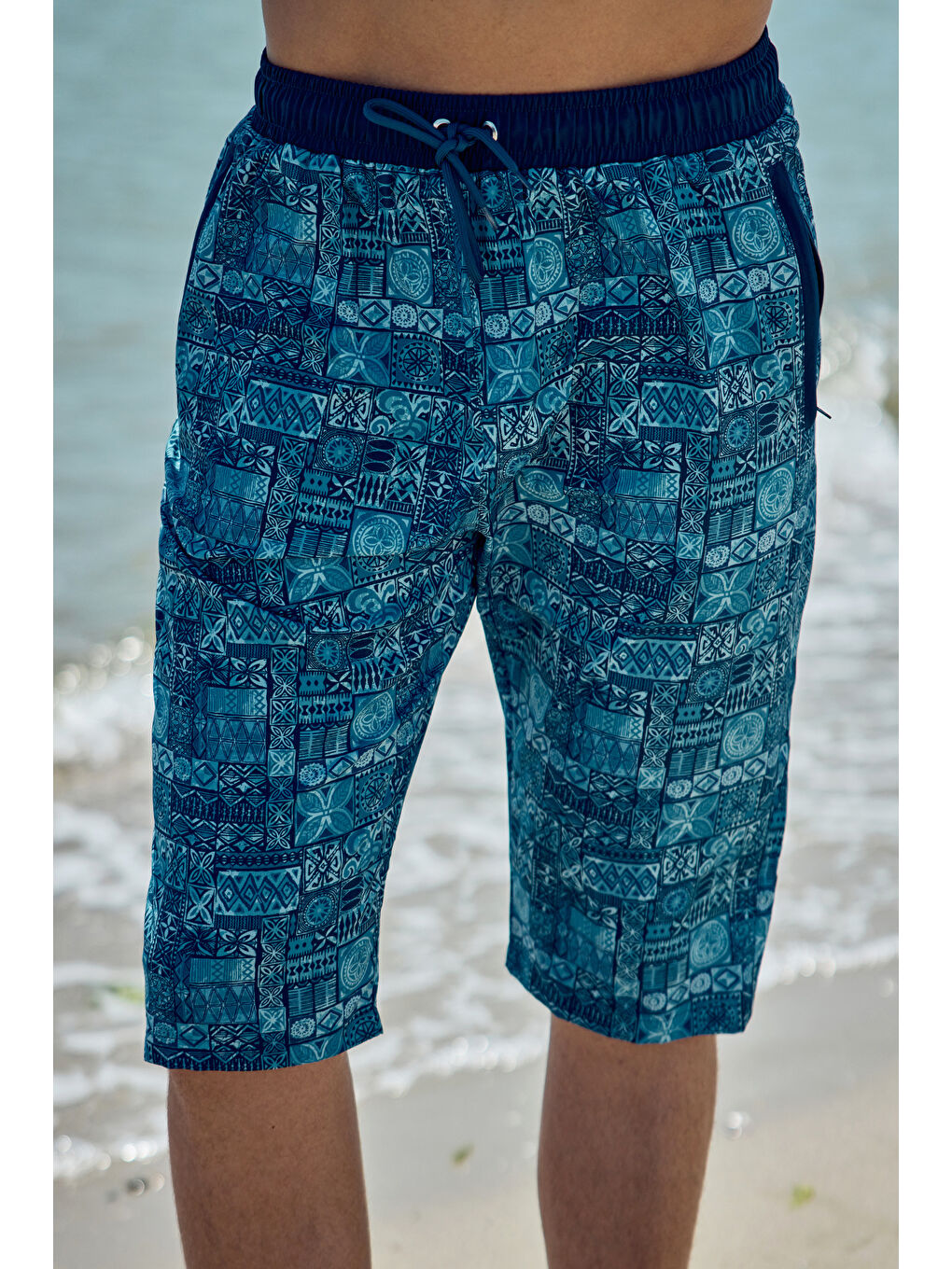 Lacivert Erkek Havuz Deniz Uzun Kapri Şort Mayo RK007 Mavi Çini-2
