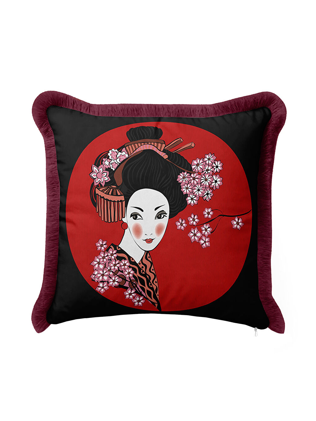 Karışık Japon Esintili Saçaklı Yastık Kılıfı - Kiraz Çiçeği Asya Bohem Bordo Püsküllü Kırlent Kılıfı-4