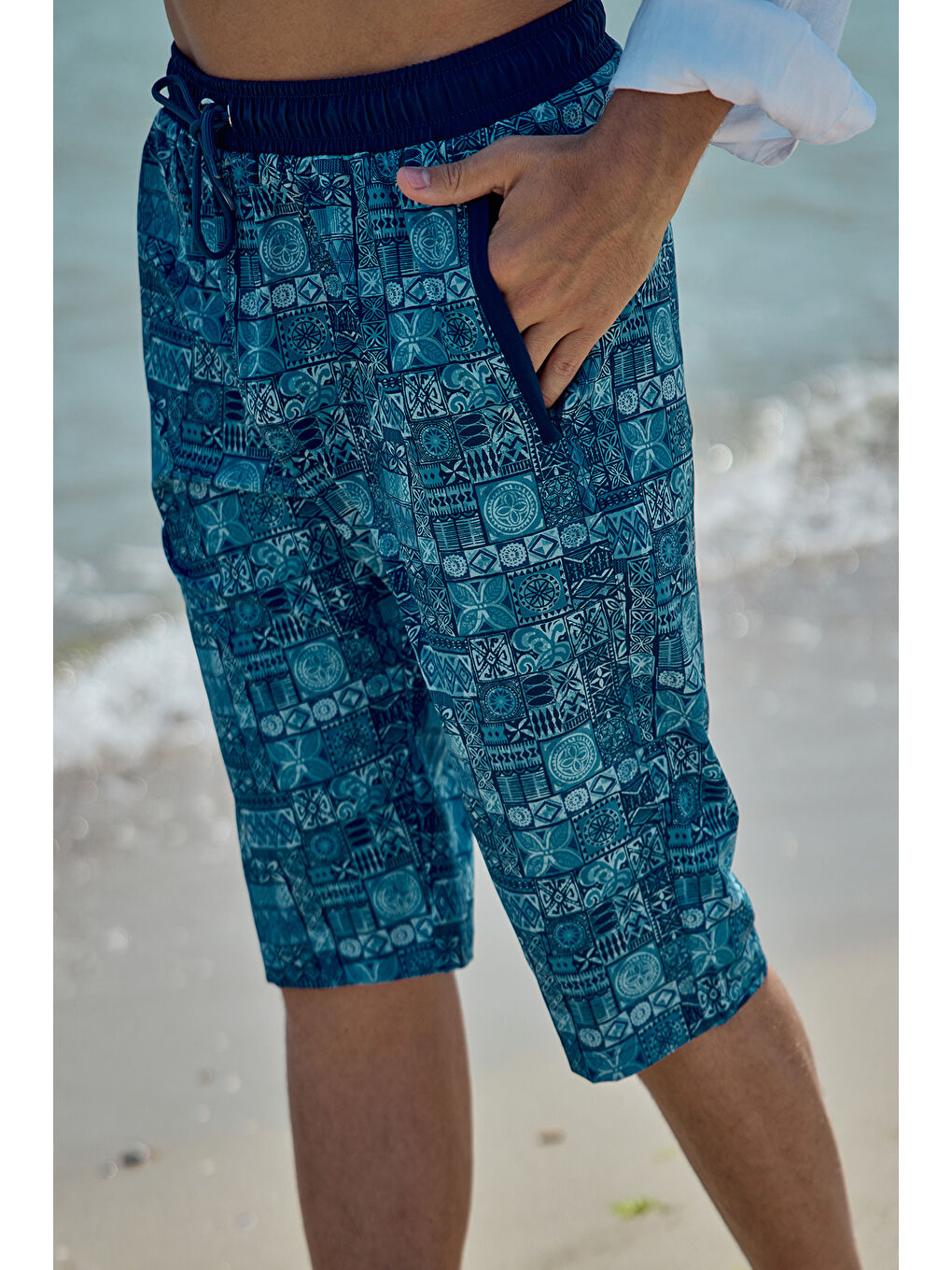 Lacivert Erkek Havuz Deniz Uzun Kapri Şort Mayo RK007 Mavi Çini-3