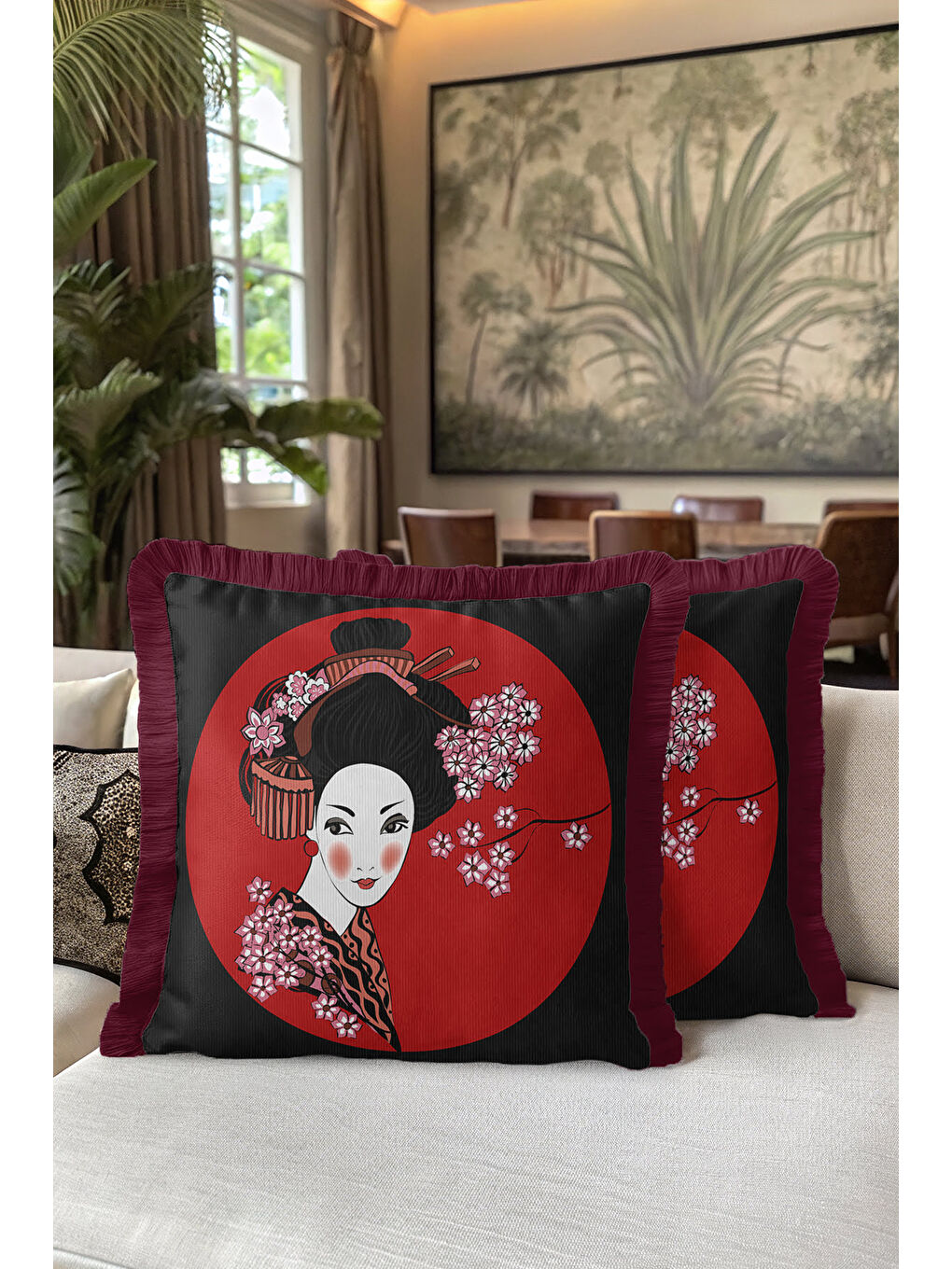Karışık Japon Esintili Saçaklı Yastık Kılıfı - Kiraz Çiçeği Asya Bohem Bordo Püsküllü Kırlent Kılıfı-5