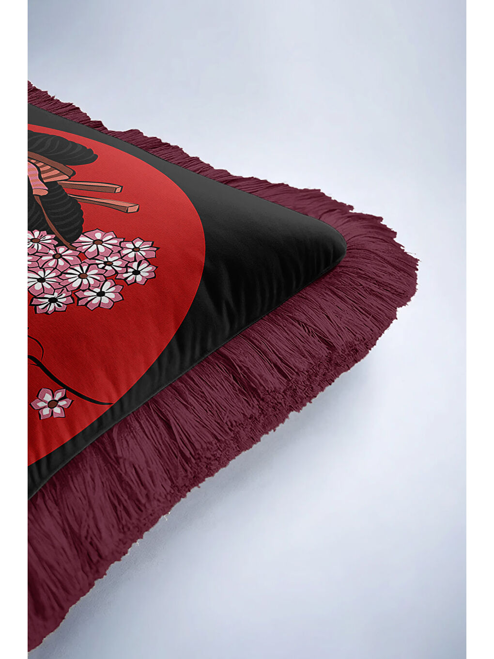 Karışık Japon Esintili Saçaklı Yastık Kılıfı - Kiraz Çiçeği Asya Bohem Bordo Püsküllü Kırlent Kılıfı-6