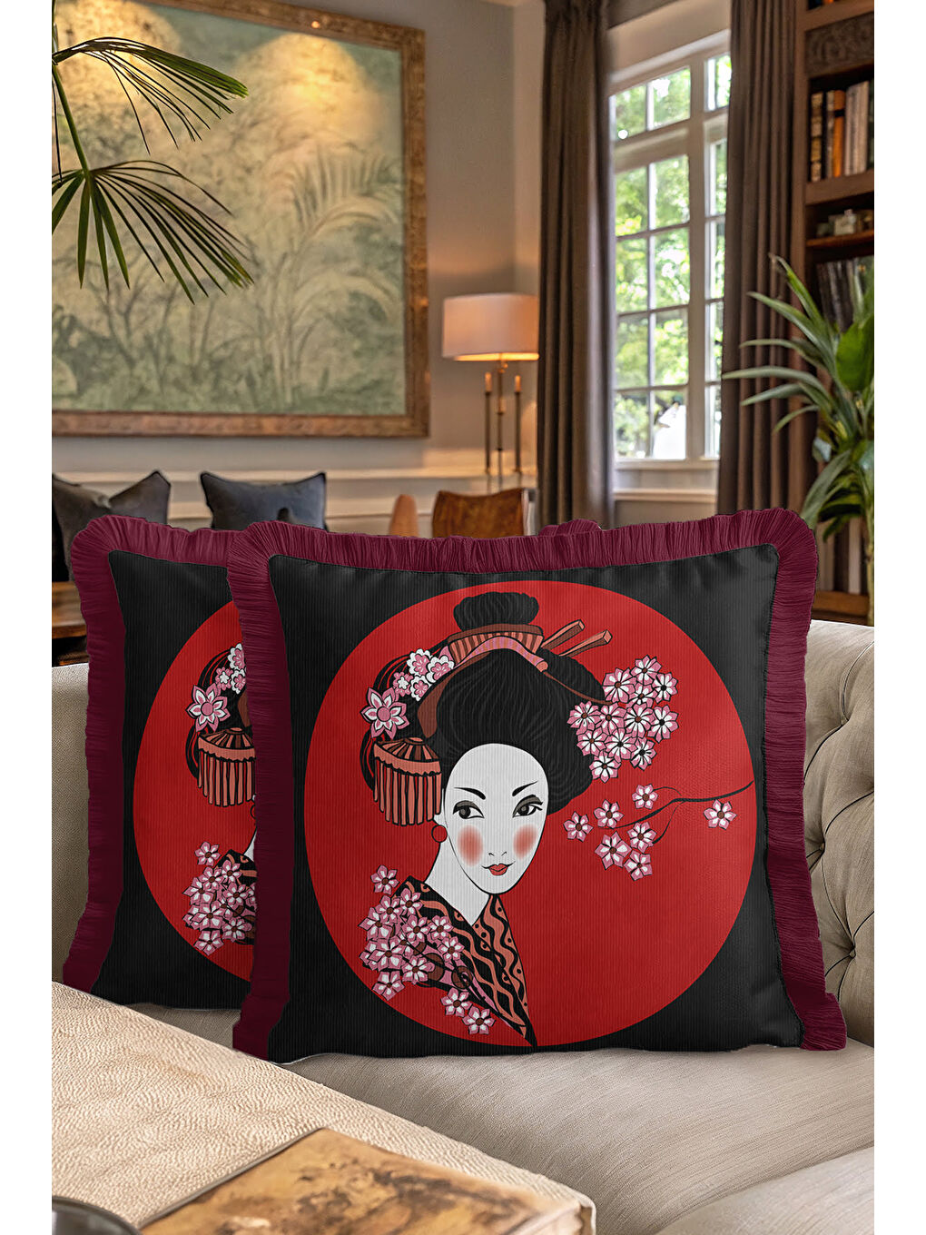 Karışık Japon Esintili Saçaklı Yastık Kılıfı - Kiraz Çiçeği Asya Bohem Bordo Püsküllü Kırlent Kılıfı-7