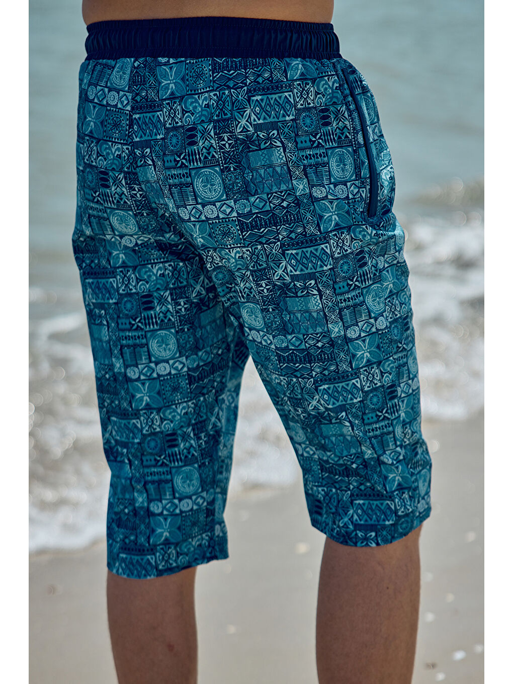 Lacivert Erkek Havuz Deniz Uzun Kapri Şort Mayo RK007 Mavi Çini-4