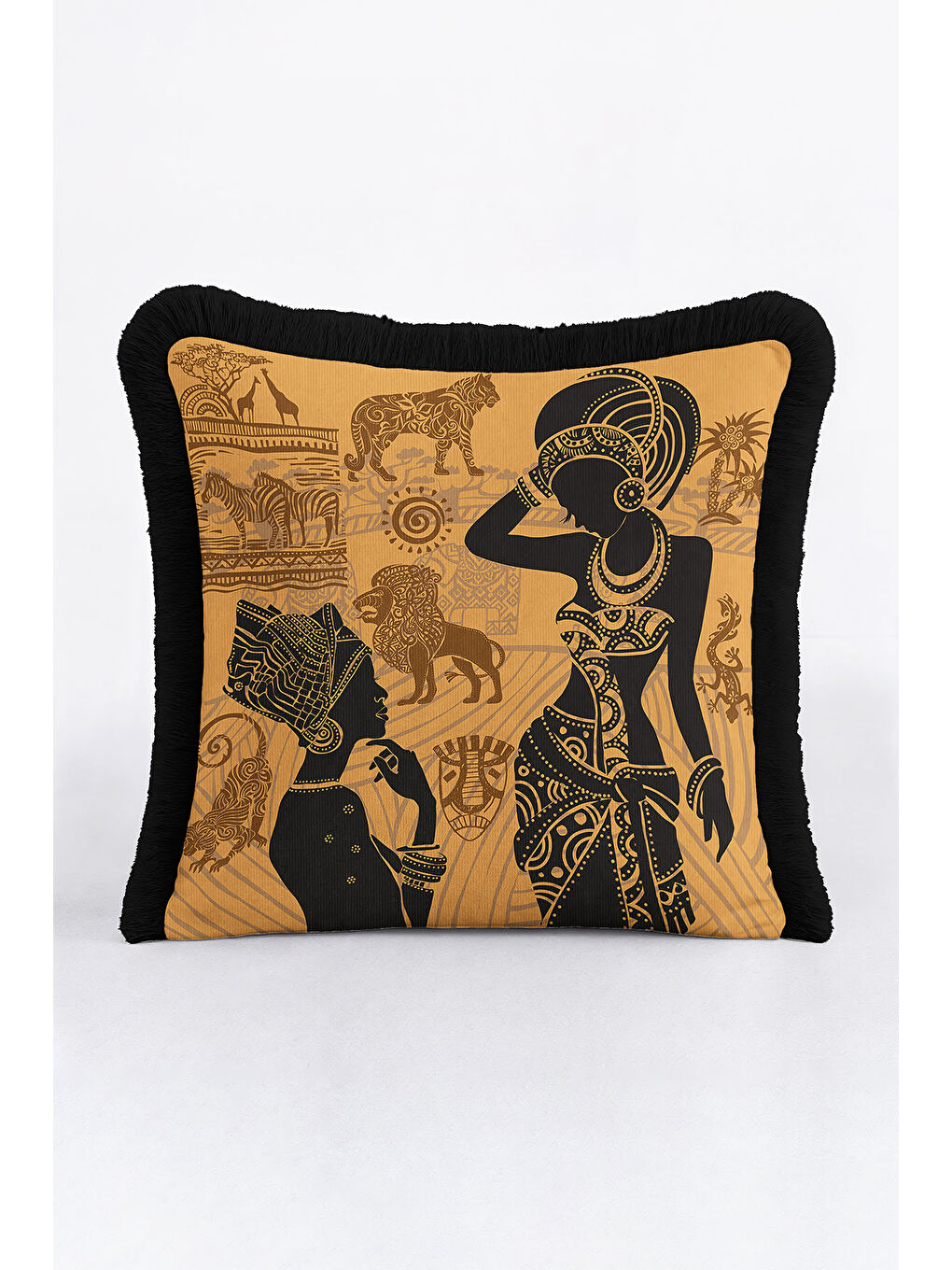 Karışık Afrika Esintili Saçaklı Yastık Kılıfı - Etnik Bohem Siyah Altın Renkli Püsküllü Kırlent Kılıfı