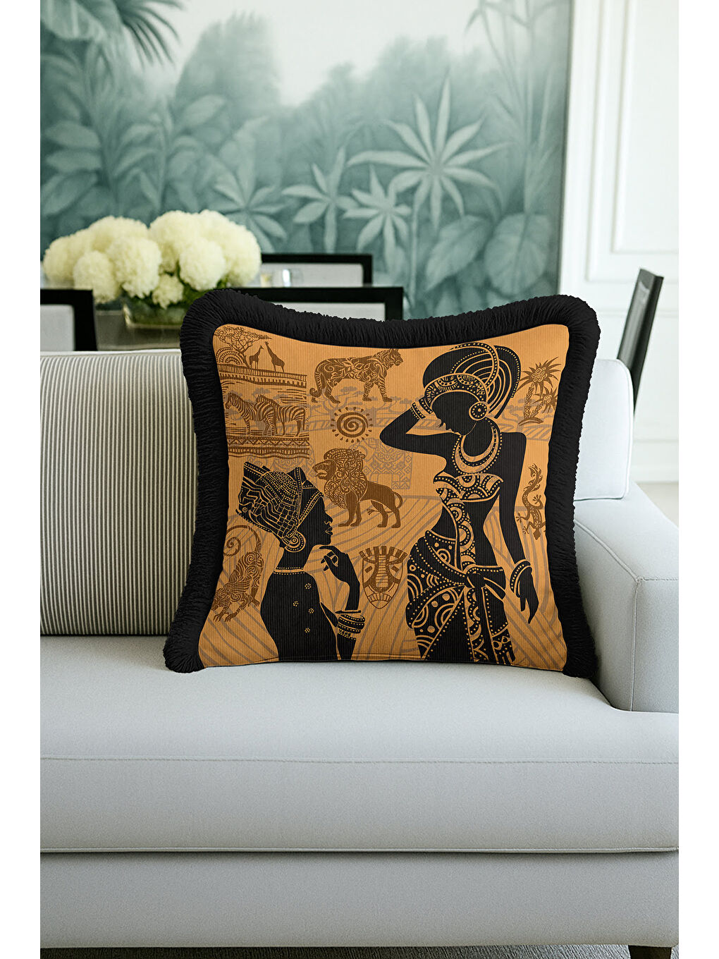 Karışık Afrika Esintili Saçaklı Yastık Kılıfı - Etnik Bohem Siyah Altın Renkli Püsküllü Kırlent Kılıfı-1