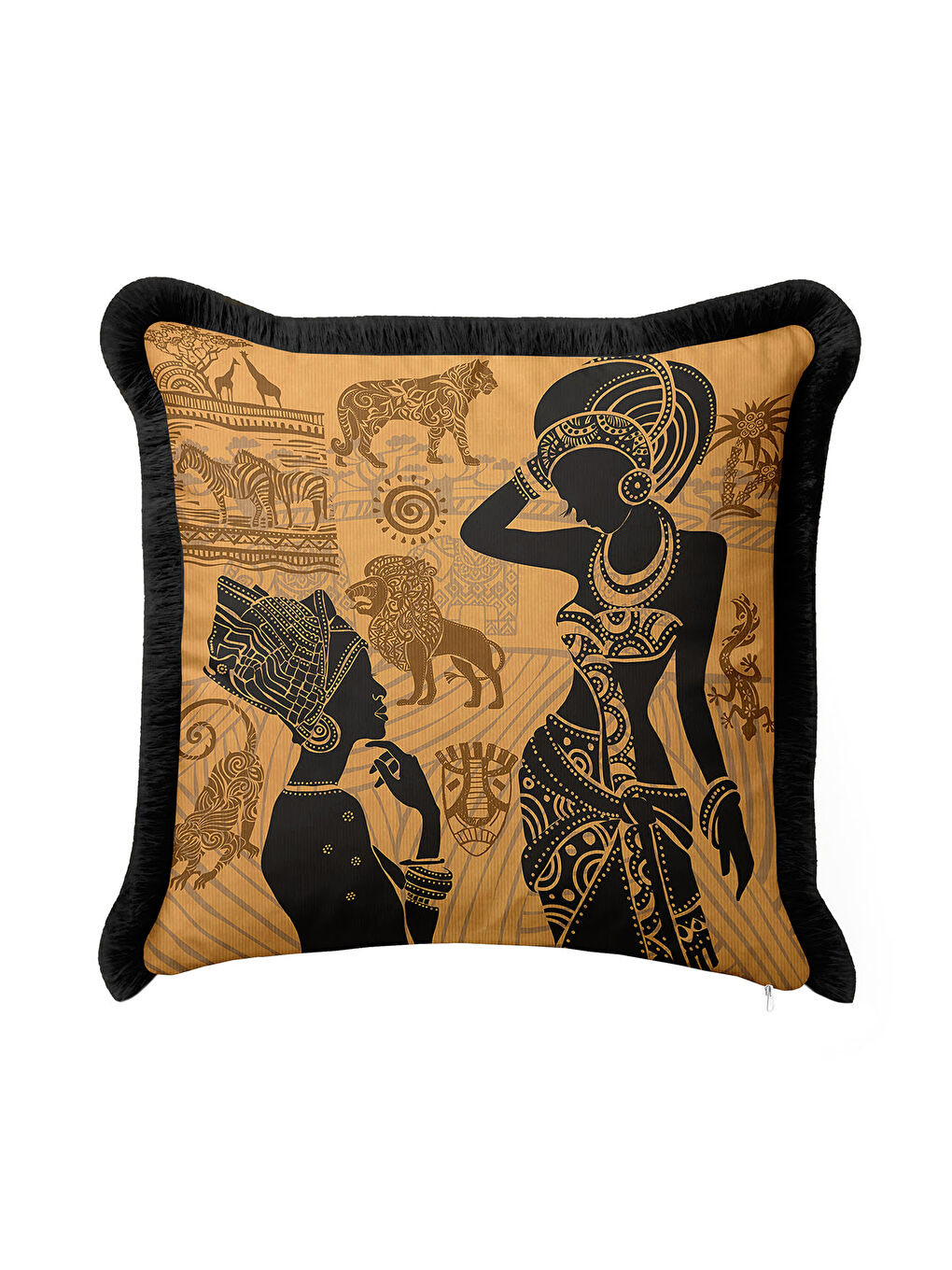 Karışık Afrika Esintili Saçaklı Yastık Kılıfı - Etnik Bohem Siyah Altın Renkli Püsküllü Kırlent Kılıfı-3