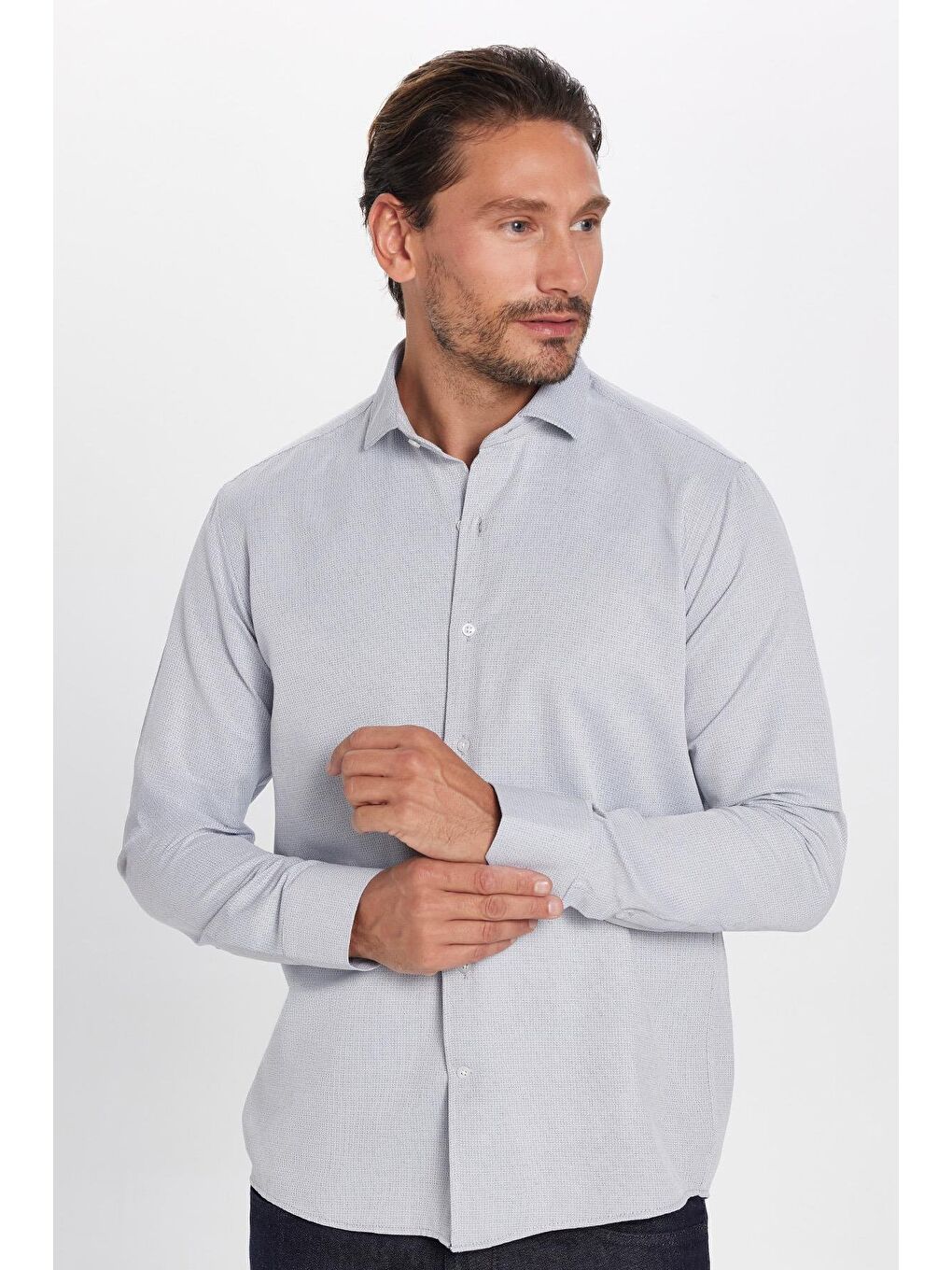 Erkek Regular Fit Klasik Kesim Pamuklu Kolay Ütü Armürlü Gri Gömlek-1