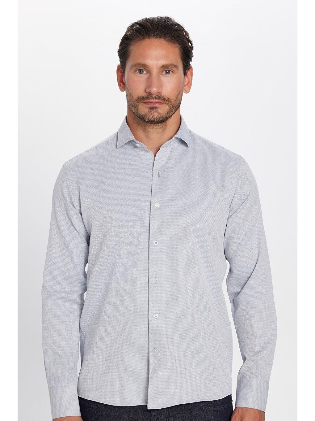 Erkek Regular Fit Klasik Kesim Pamuklu Kolay Ütü Armürlü Gri Gömlek-4