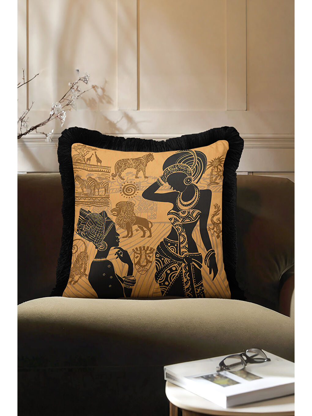 Karışık Afrika Esintili Saçaklı Yastık Kılıfı - Etnik Bohem Siyah Altın Renkli Püsküllü Kırlent Kılıfı-4