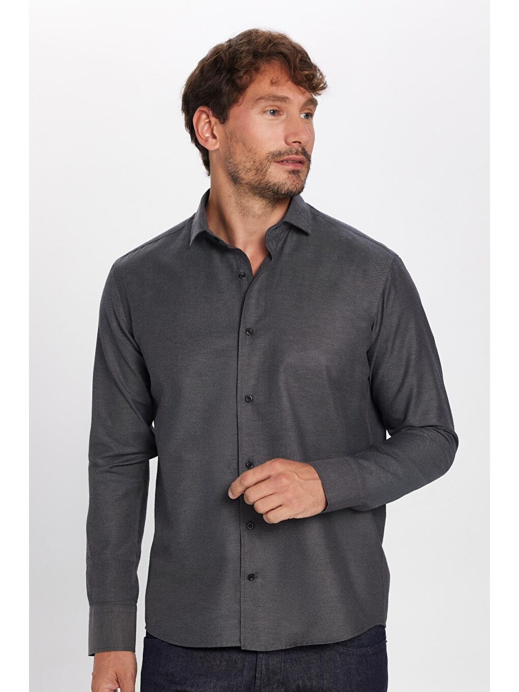 Erkek Regular Fit Klasik Kesim Pamuklu Kolay Ütü Armürlü Antrasit Gömlek-2