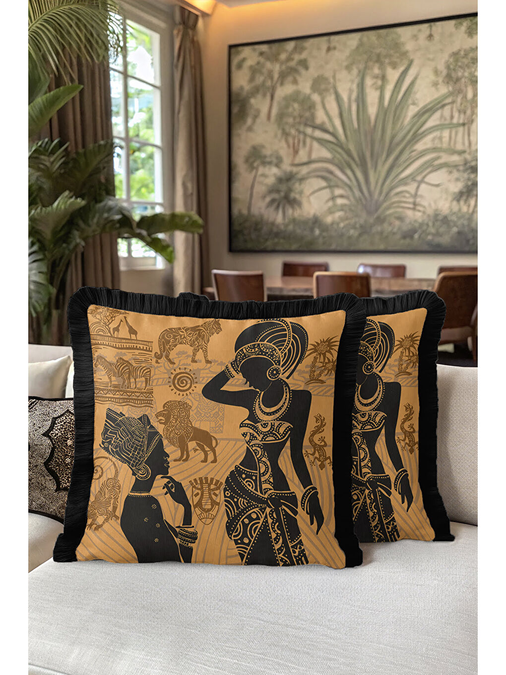 Karışık Afrika Esintili Saçaklı Yastık Kılıfı - Etnik Bohem Siyah Altın Renkli Püsküllü Kırlent Kılıfı-5