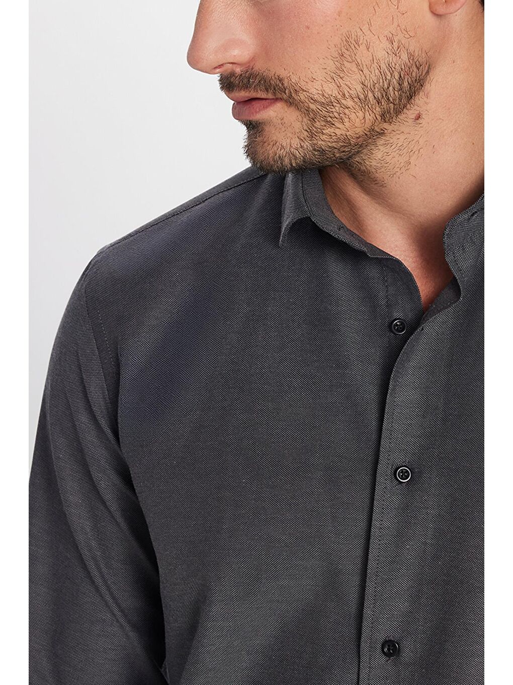 Erkek Regular Fit Klasik Kesim Pamuklu Kolay Ütü Armürlü Antrasit Gömlek-3