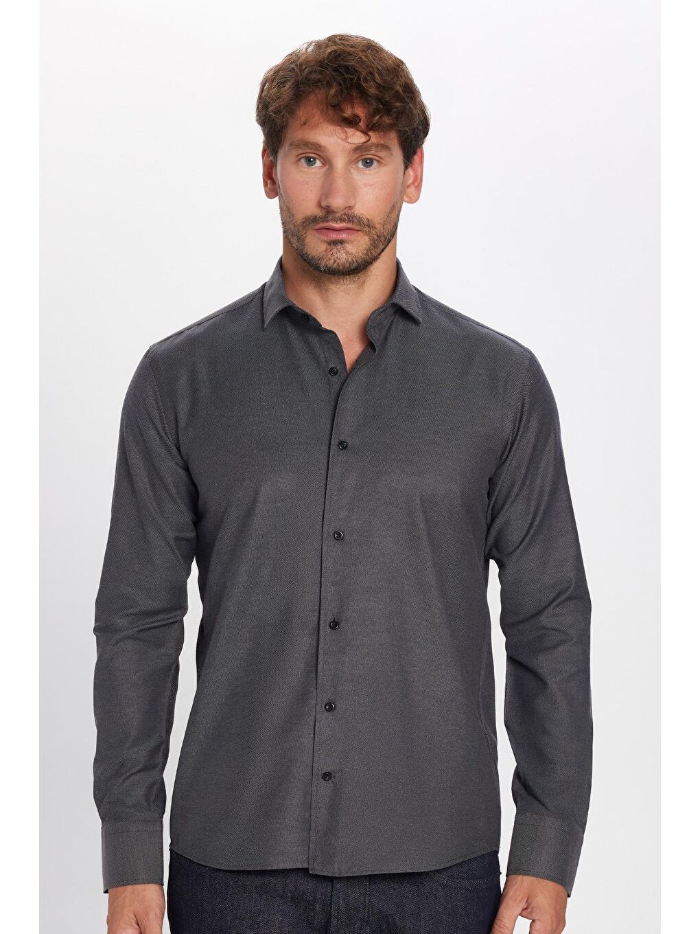 Erkek Regular Fit Klasik Kesim Pamuklu Kolay Ütü Armürlü Antrasit Gömlek-4