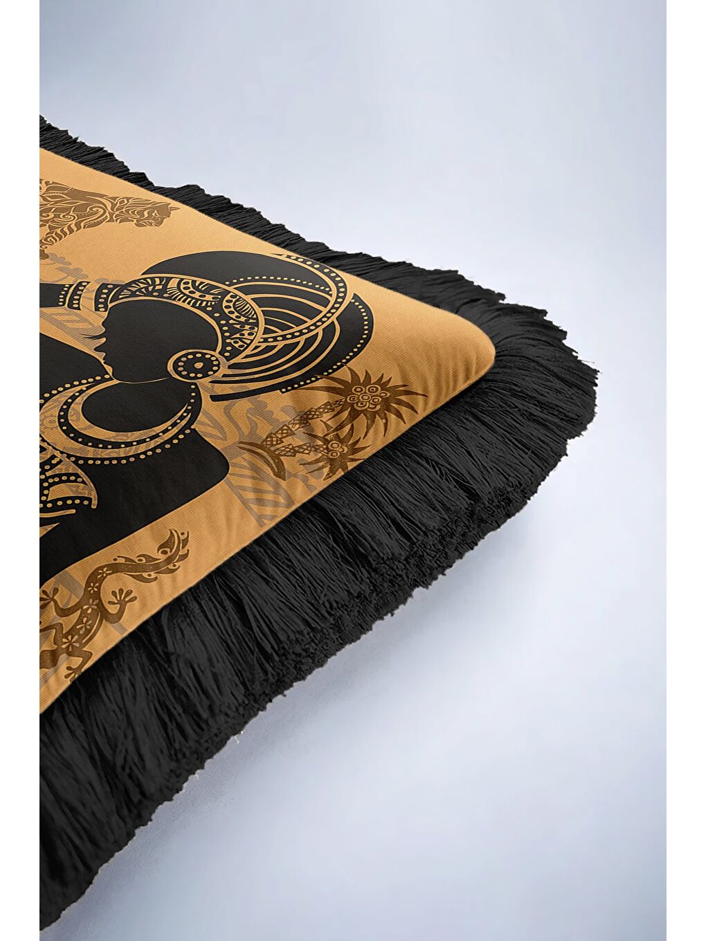 Karışık Afrika Esintili Saçaklı Yastık Kılıfı - Etnik Bohem Siyah Altın Renkli Püsküllü Kırlent Kılıfı-6