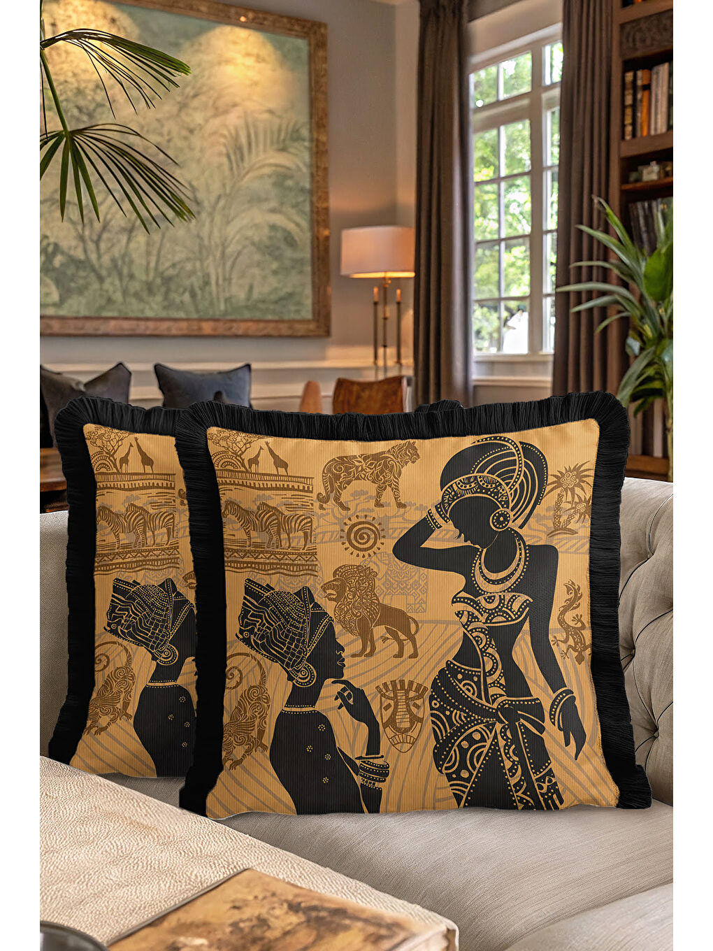 Karışık Afrika Esintili Saçaklı Yastık Kılıfı - Etnik Bohem Siyah Altın Renkli Püsküllü Kırlent Kılıfı-7