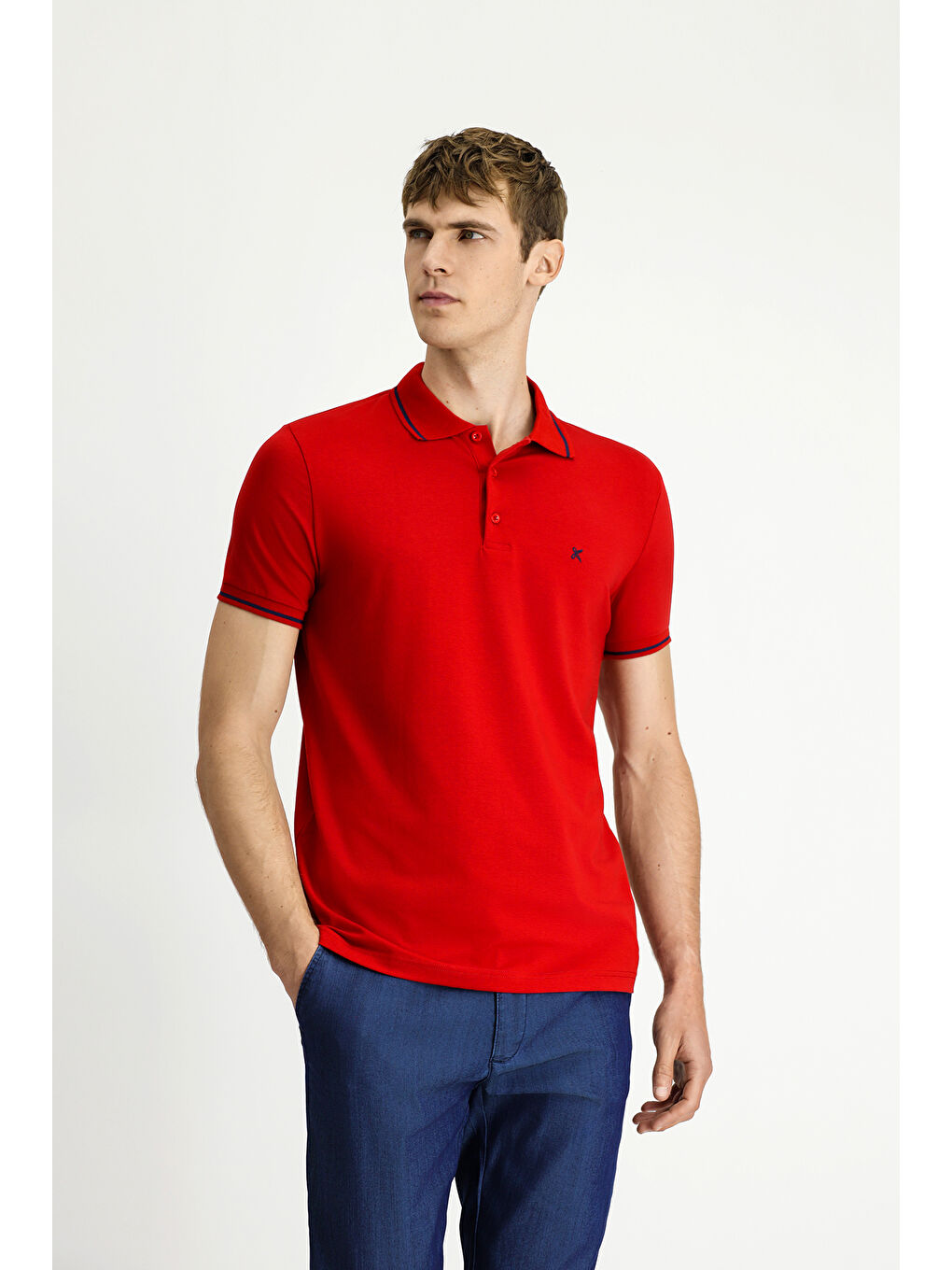 Kırmızı Polo Yaka Slim Fit Dar Kesim Nakışlı Süprem Pamuklu Büyük Beden Tişört-2