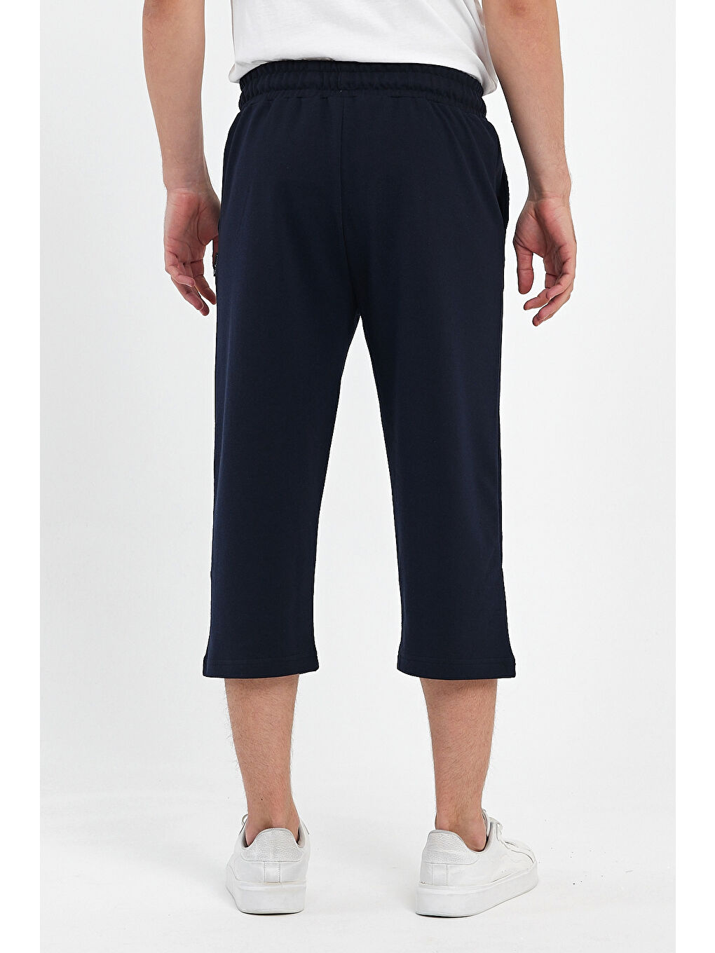 Erkek Yanları Cepli Lacivert Bermuda Diz Altı Kapri Beli Ayarlanabilir Lastikli Uzun Şort-5