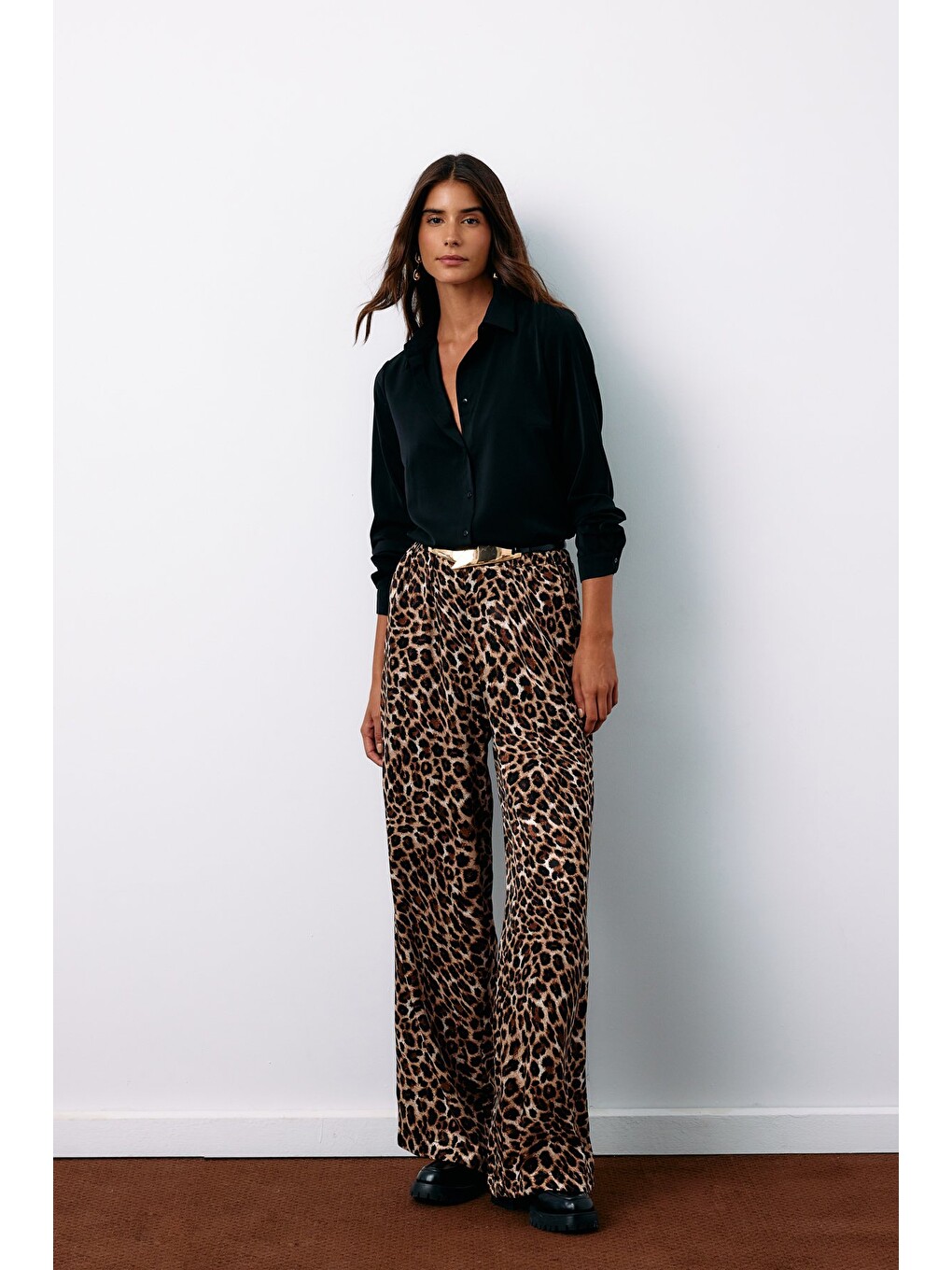 Kahverengi Yüksek Bel Leopar Pantolon - Kahve