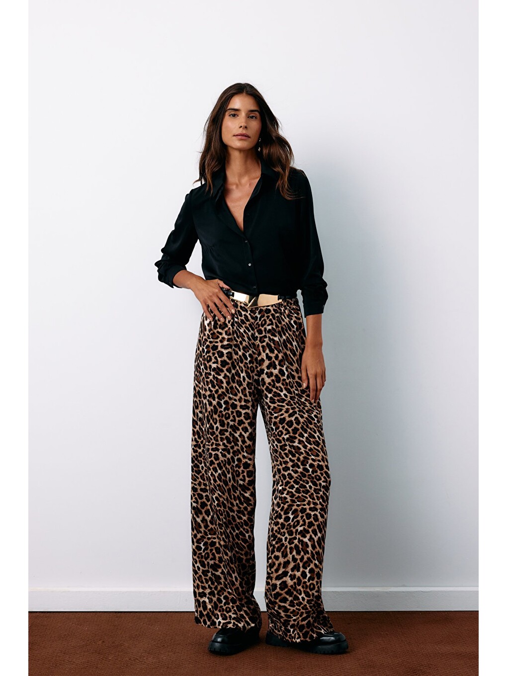 Kahverengi Yüksek Bel Leopar Pantolon - Kahve-1