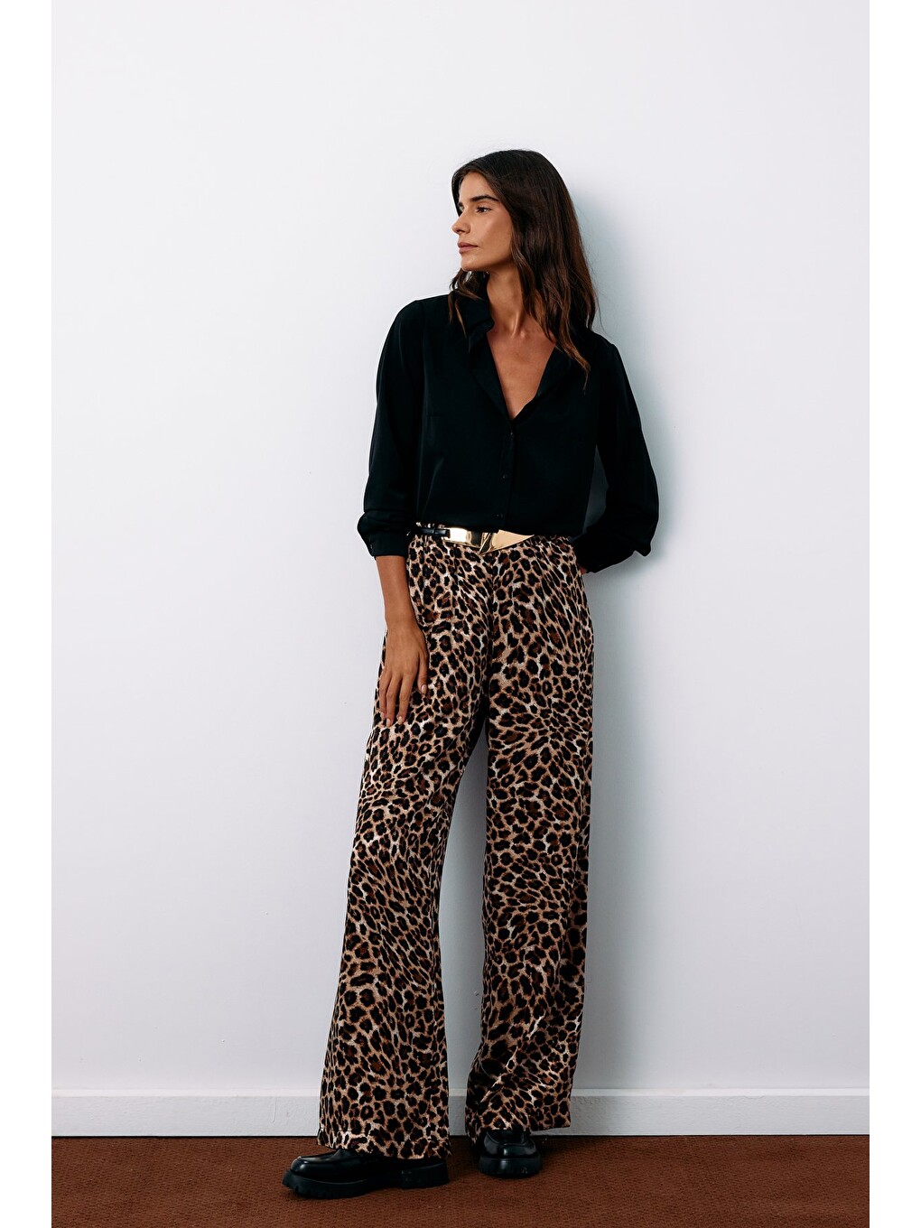 Kahverengi Yüksek Bel Leopar Pantolon - Kahve-2