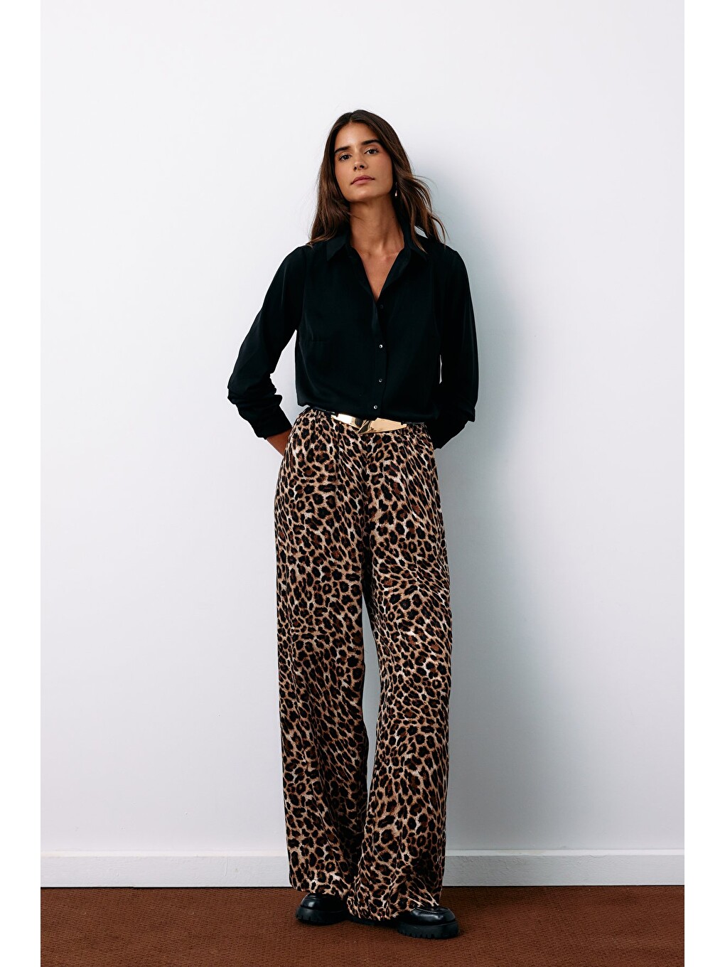 Kahverengi Yüksek Bel Leopar Pantolon - Kahve-3