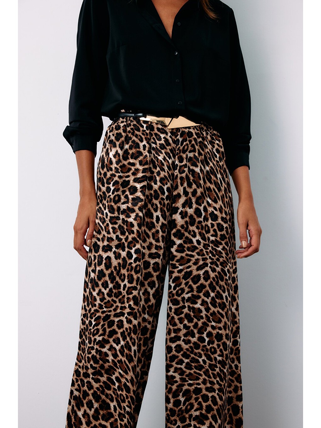 Kahverengi Yüksek Bel Leopar Pantolon - Kahve-4