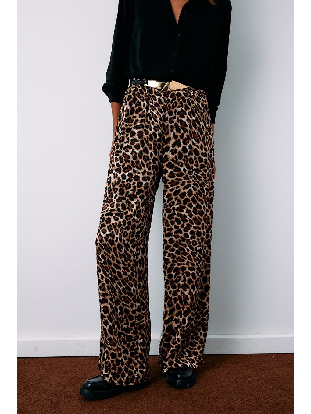 Kahverengi Yüksek Bel Leopar Pantolon - Kahve-5