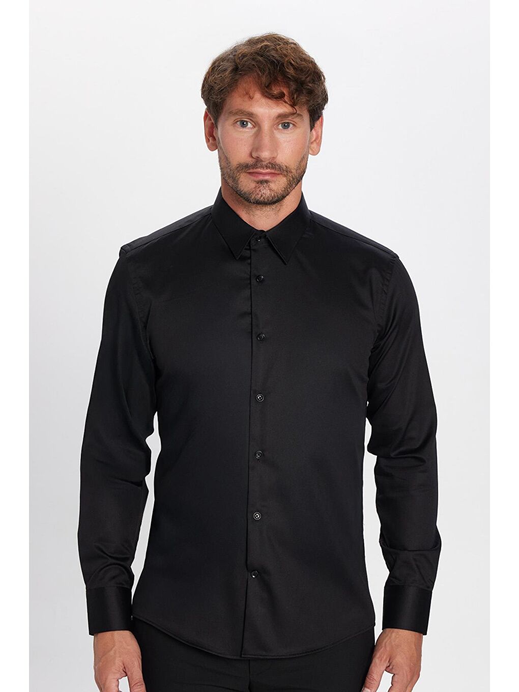 Slim Fit Siyah Non-Iron Pamuklu Doğa Dostu Ekoteks Belgeli Ütü Gerektirmez Gömlek-3