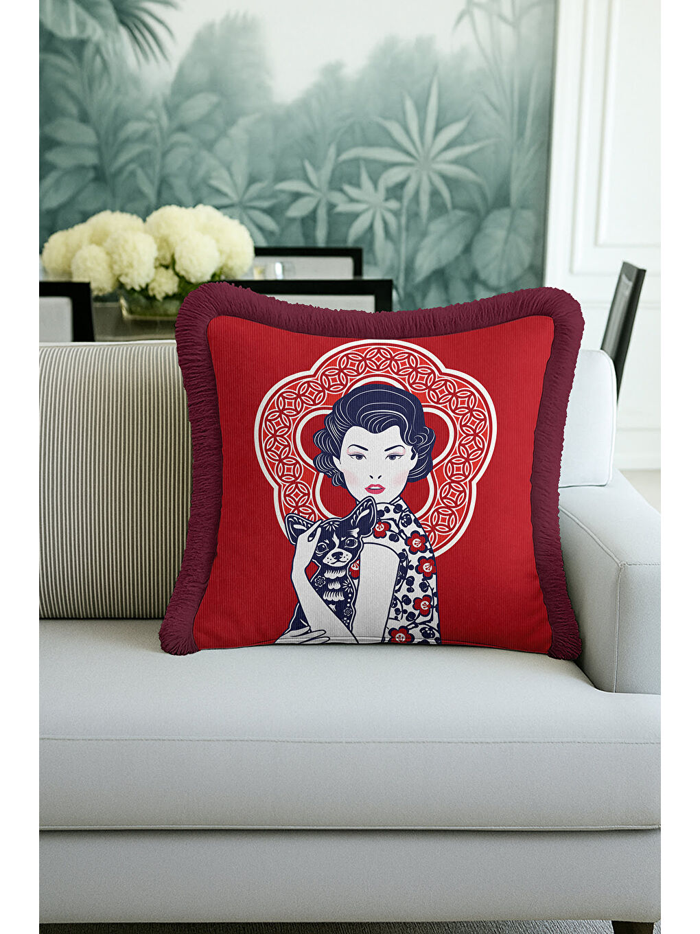 Karışık Retro Figürlü Saçaklı Yastık Kılıfı - Sanatsal Kırmızı Bohem Bordo Püsküllü Kırlent Kılıfı