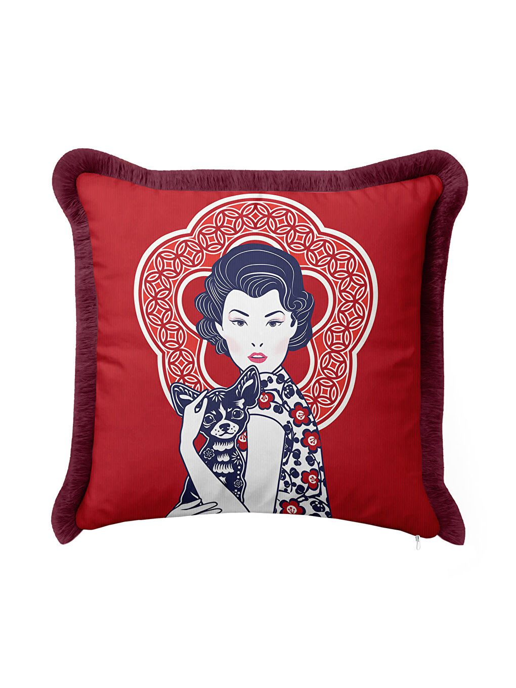 Karışık Retro Figürlü Saçaklı Yastık Kılıfı - Sanatsal Kırmızı Bohem Bordo Püsküllü Kırlent Kılıfı-1