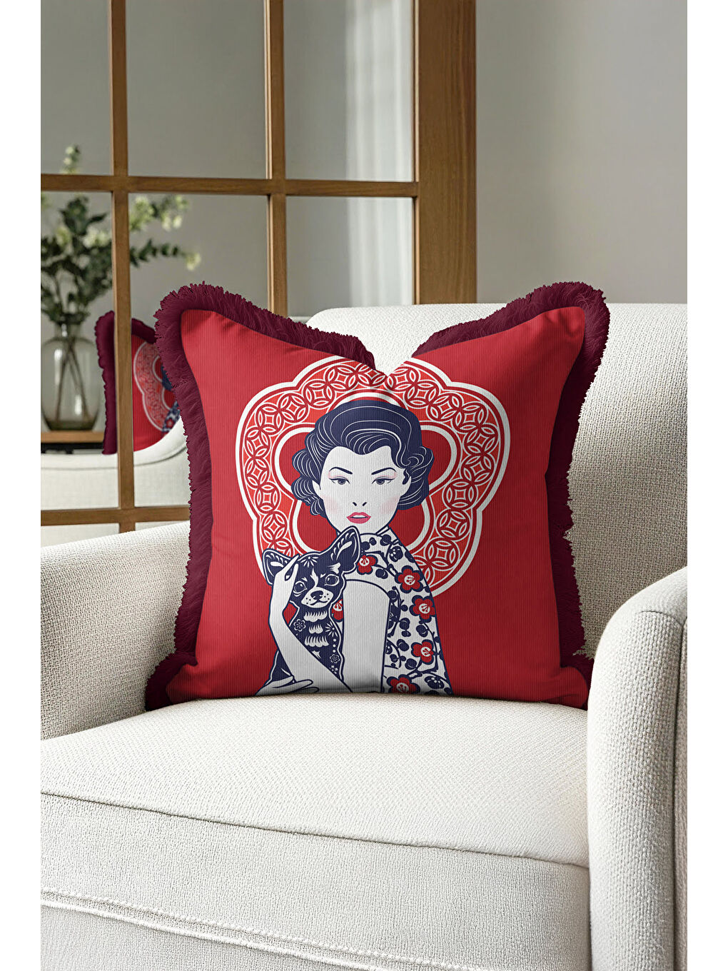 Karışık Retro Figürlü Saçaklı Yastık Kılıfı - Sanatsal Kırmızı Bohem Bordo Püsküllü Kırlent Kılıfı-2