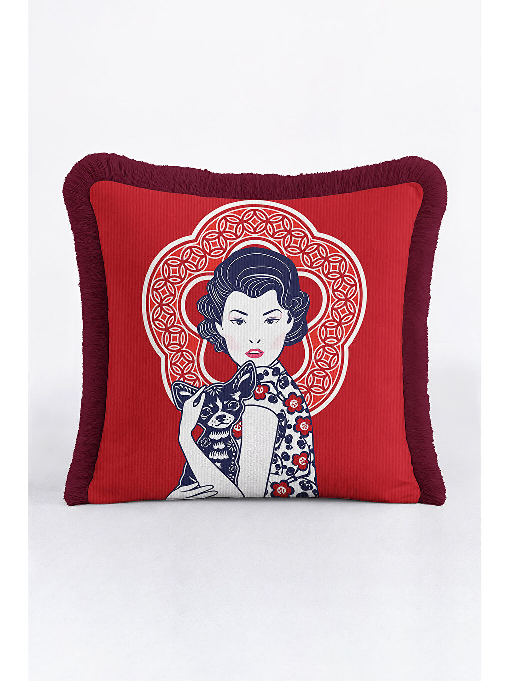 Karışık Retro Figürlü Saçaklı Yastık Kılıfı - Sanatsal Kırmızı Bohem Bordo Püsküllü Kırlent Kılıfı-3