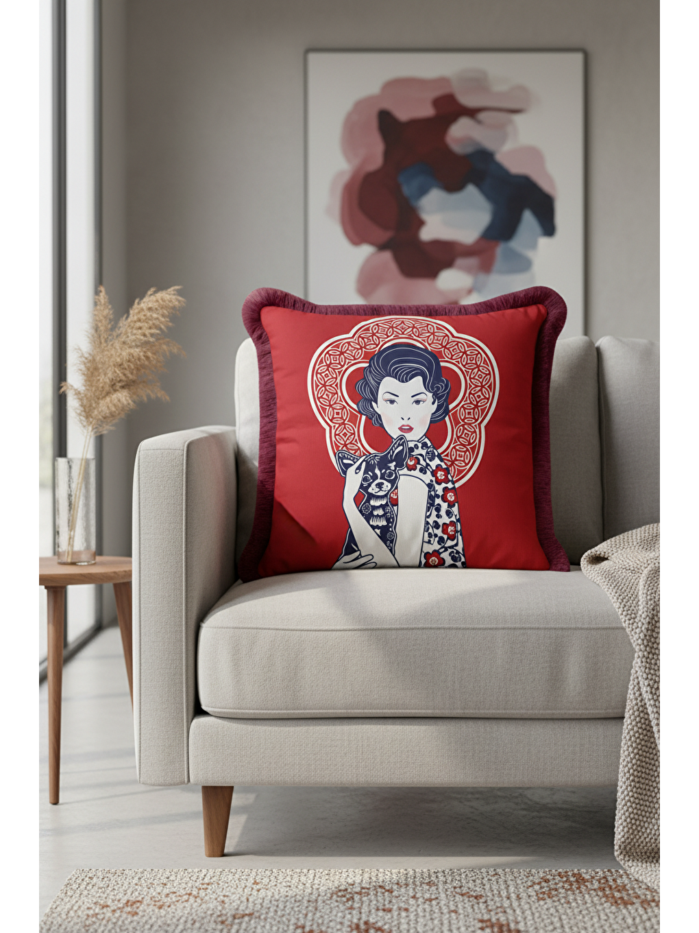 Karışık Retro Figürlü Saçaklı Yastık Kılıfı - Sanatsal Kırmızı Bohem Bordo Püsküllü Kırlent Kılıfı-4