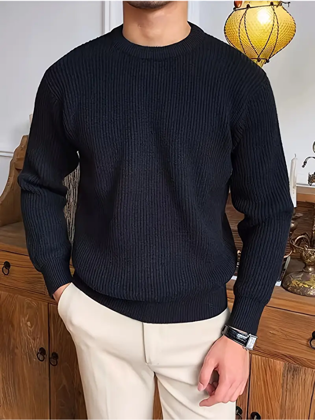 Erkek Siyah Regular Fit Bisiklet Yaka Örgülü Triko