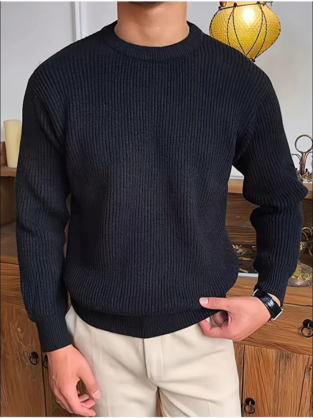 Erkek Siyah Regular Fit Bisiklet Yaka Örgülü Triko-1