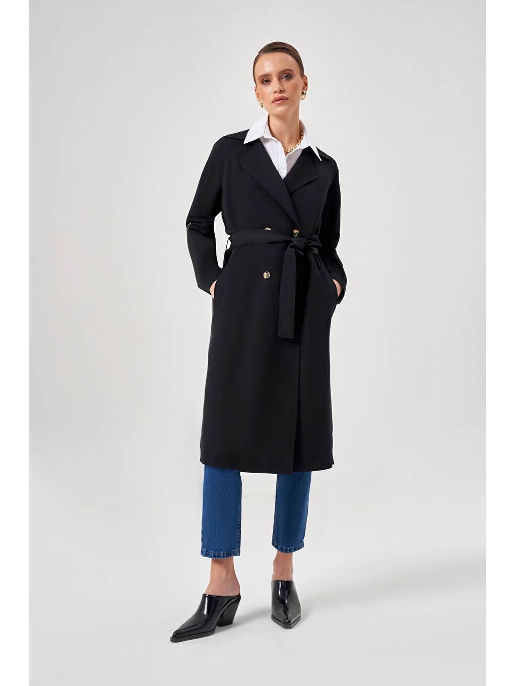Kolları Apoletli Klasik Siyah Trençkot-1