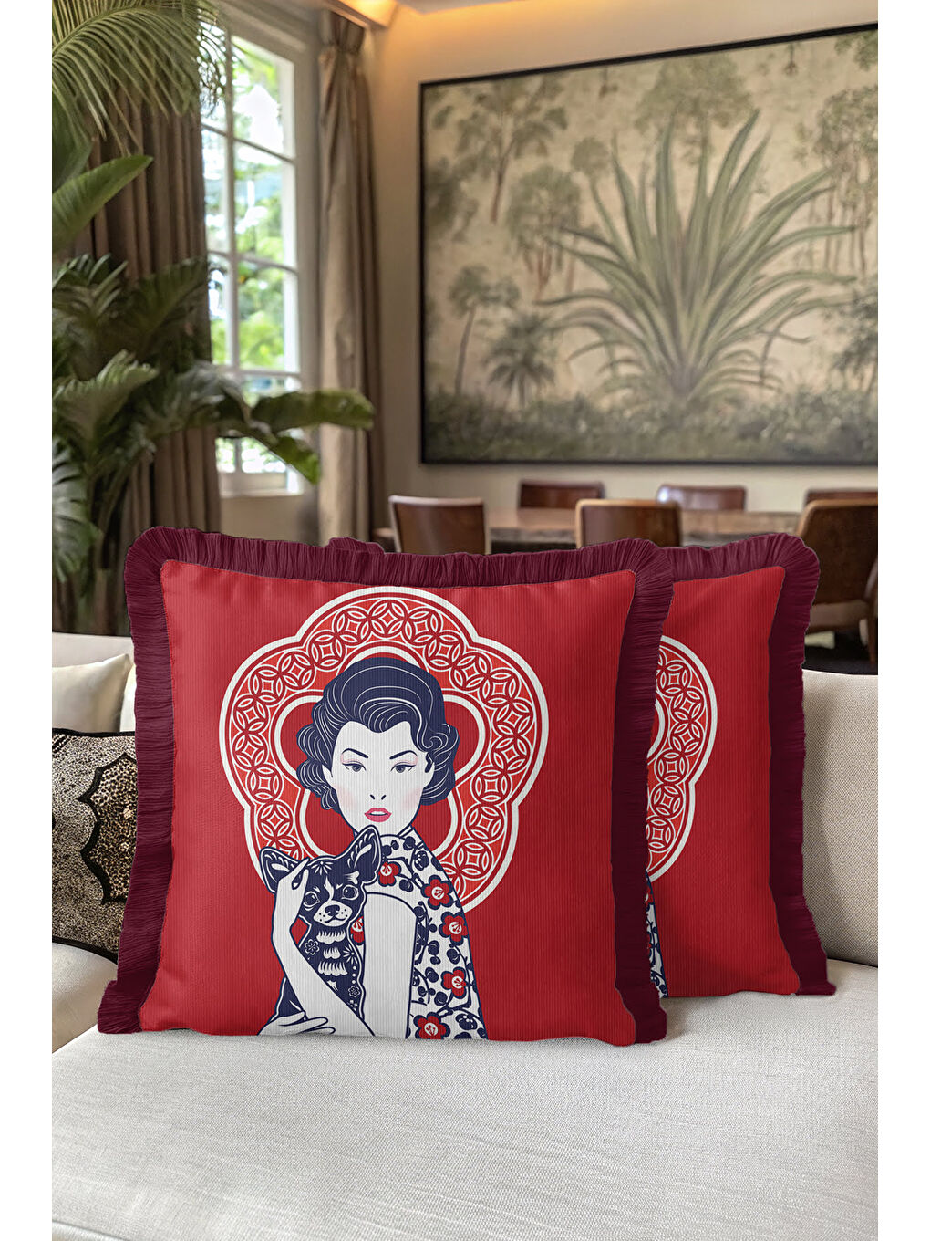 Karışık Retro Figürlü Saçaklı Yastık Kılıfı - Sanatsal Kırmızı Bohem Bordo Püsküllü Kırlent Kılıfı-5