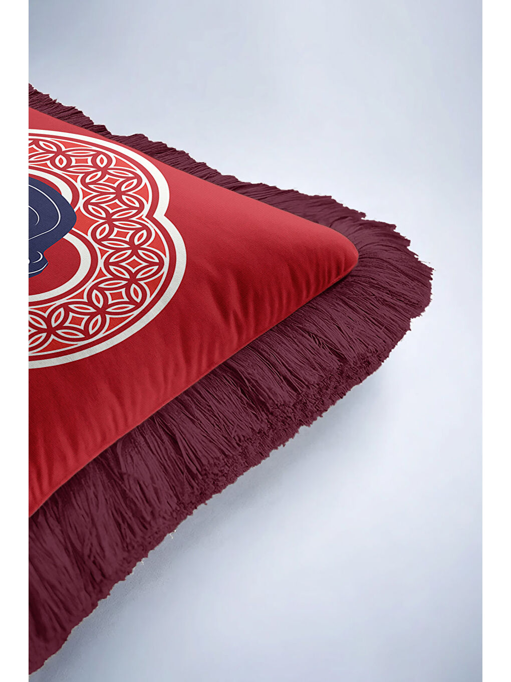 Karışık Retro Figürlü Saçaklı Yastık Kılıfı - Sanatsal Kırmızı Bohem Bordo Püsküllü Kırlent Kılıfı-6