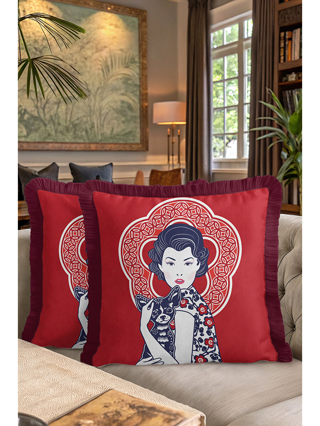 Karışık Retro Figürlü Saçaklı Yastık Kılıfı - Sanatsal Kırmızı Bohem Bordo Püsküllü Kırlent Kılıfı-7