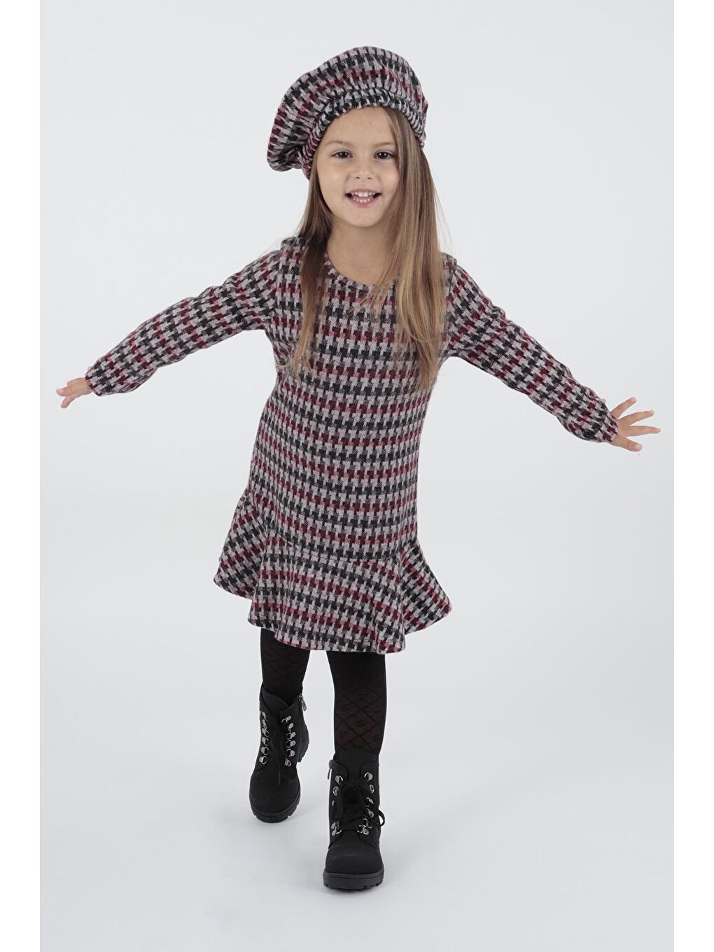 Bordo Kız Çocuk Şapkalı Volanlı Trend Elbise Ak2200-1
